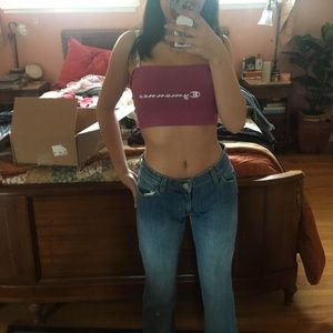 bootleg jeans and maroon tube top